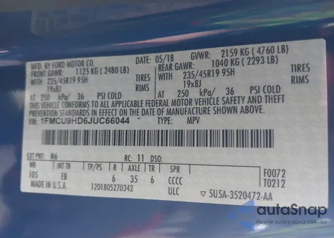 2018 Ford Escape Sel z USA, uszkodzony, nr VIN 1FMCU9HD6JUC66044